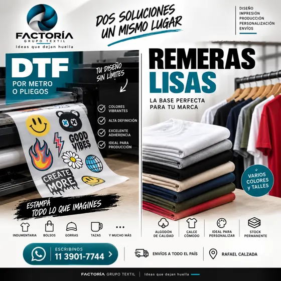 Impresión DTF por metro o pliegos y remeras lisas para estampar